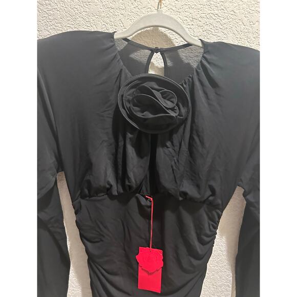 H&M Magda Butrym Rose-Appliquéd Black Dress With Shoulder Pads LARGE NWT - Picture 5 of 7